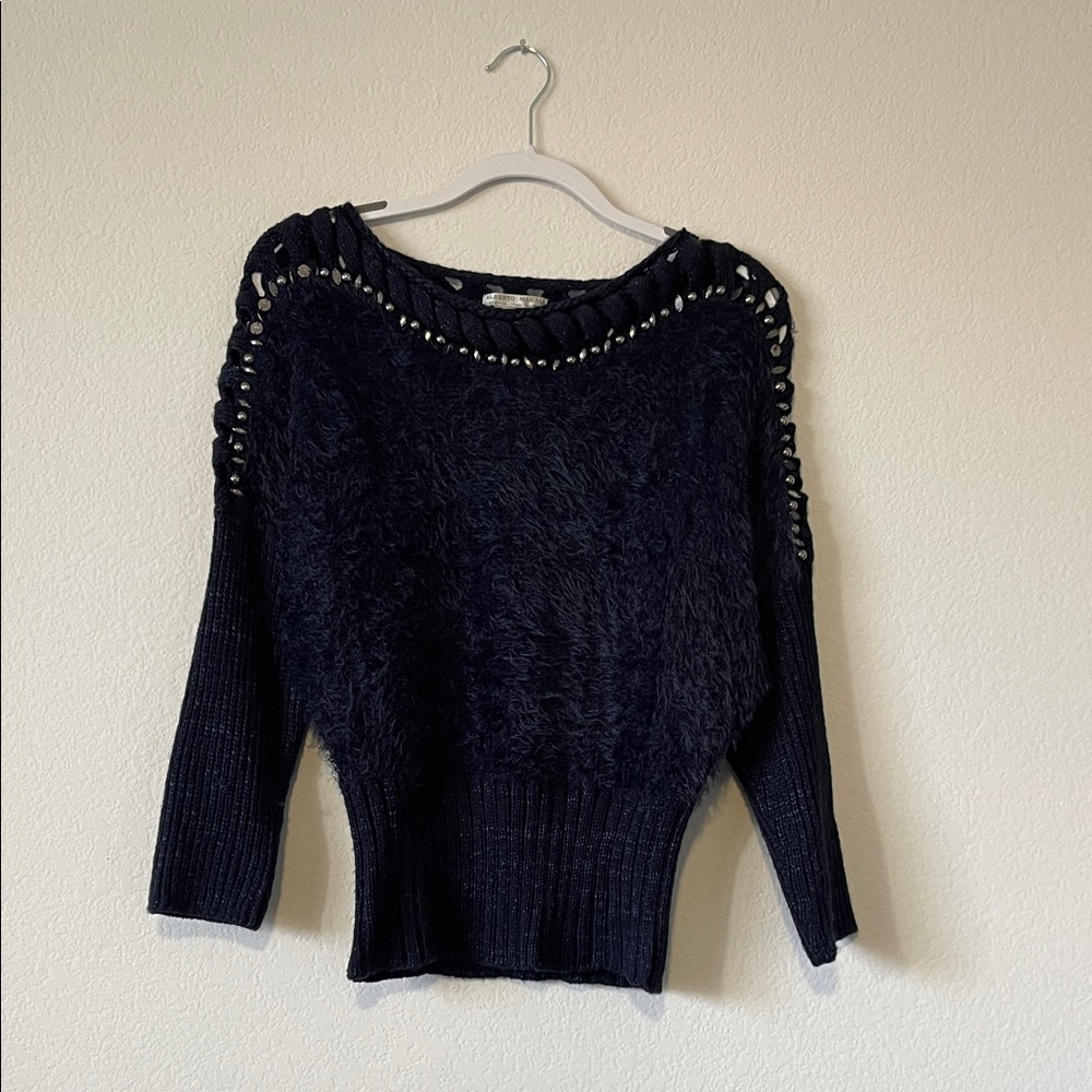 Alberto Makali Faux Fur Pullover Sweater Medium Dark Navy Rhinestones Size M
